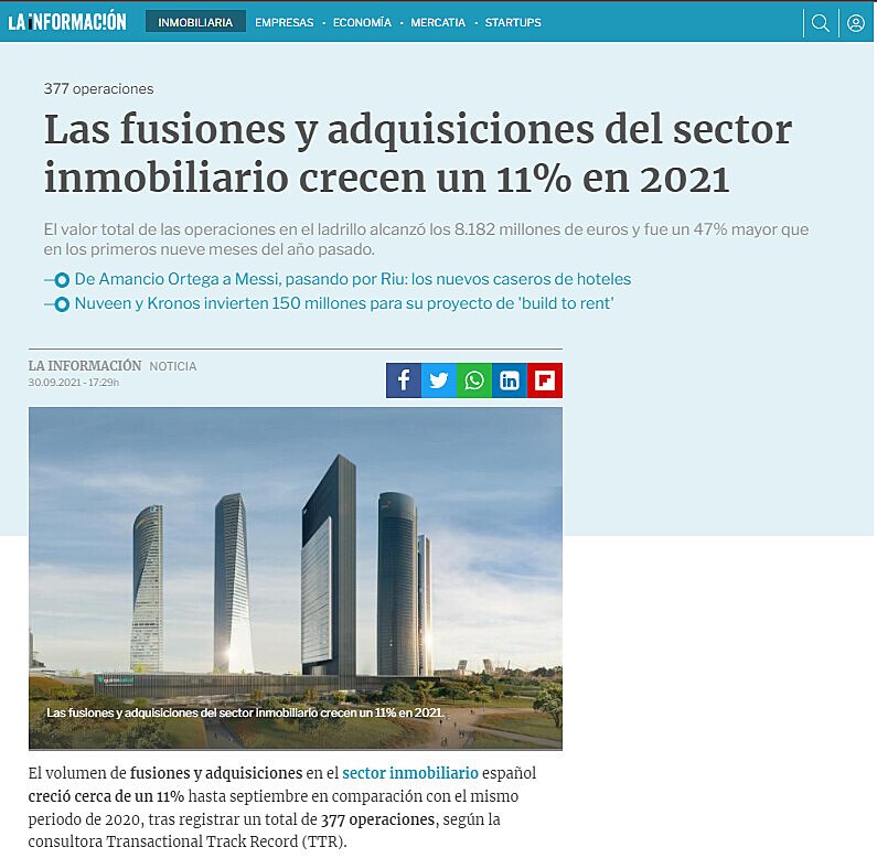 Las fusiones y adquisiciones del sector inmobiliario crecen un 11% en 2021